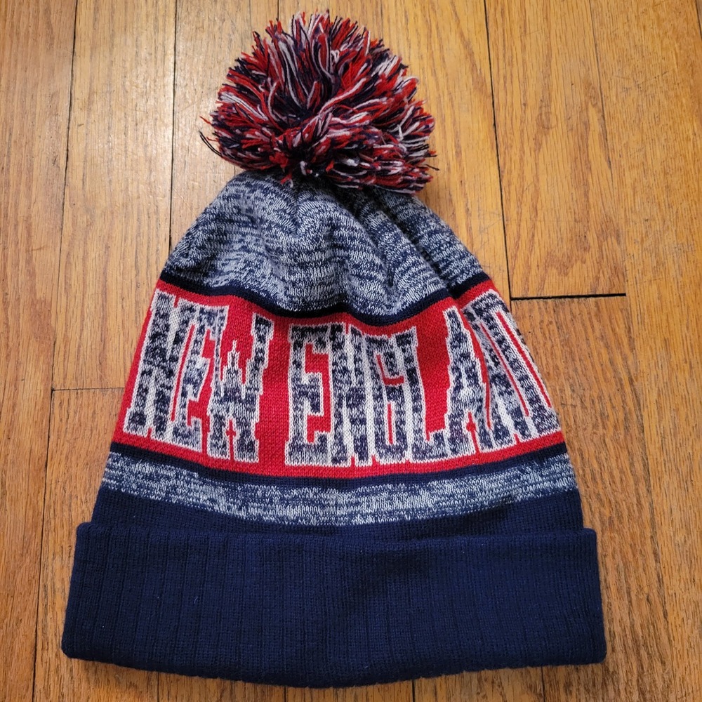 New England Patriots NFL Knit Beanie Hat Pom Pom Cuffed Navy Red White‎ Winter